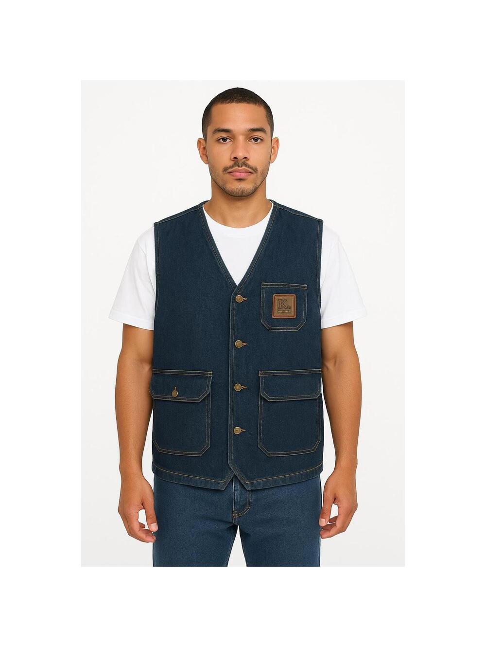Vtg Karl Kani Vest Mens Size XL Blue Denim Vintage Button Front Multiple Pockets